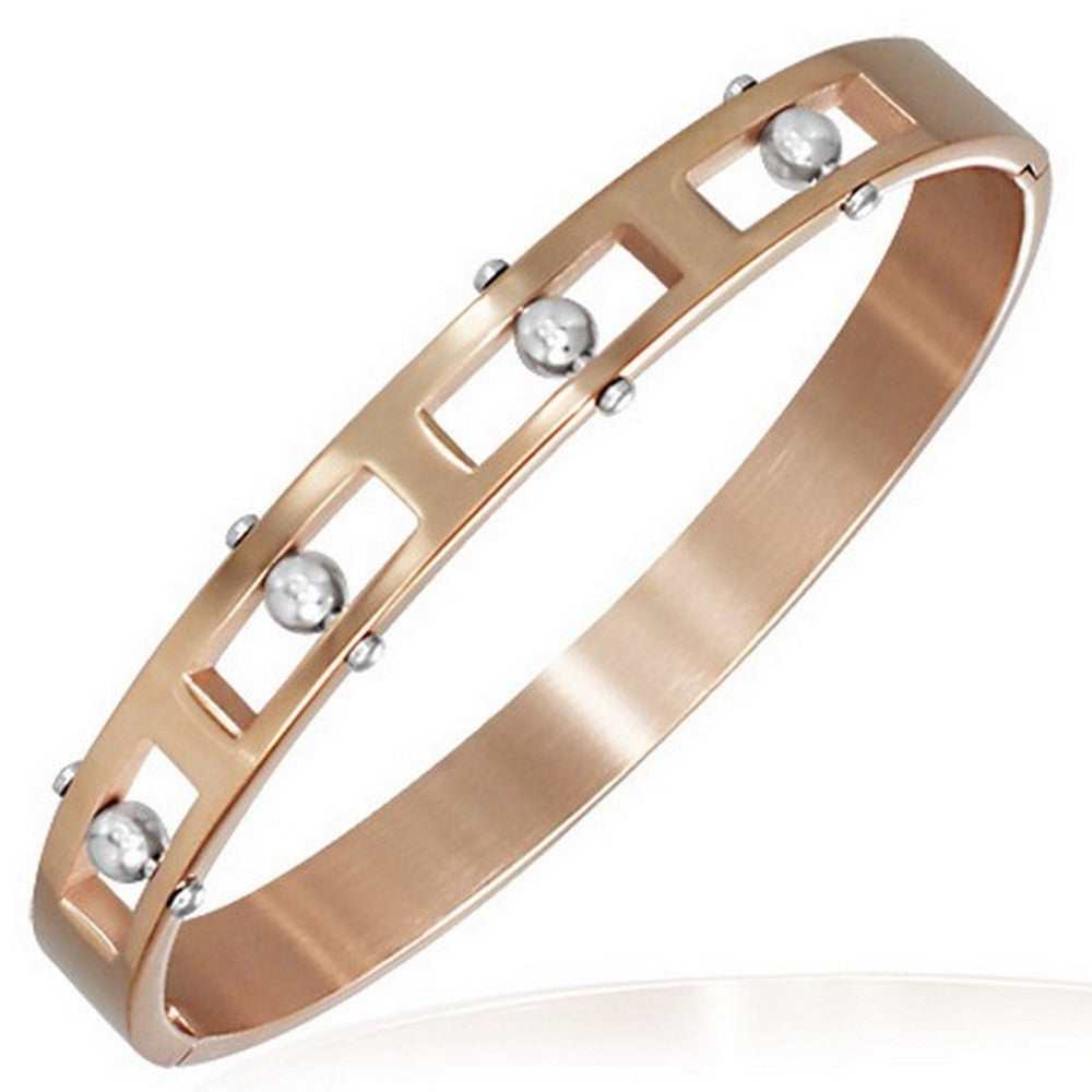 Stainless Steel Rose Gold-Tone Beads Oval-Shaped Unisex Bangle Bracelet