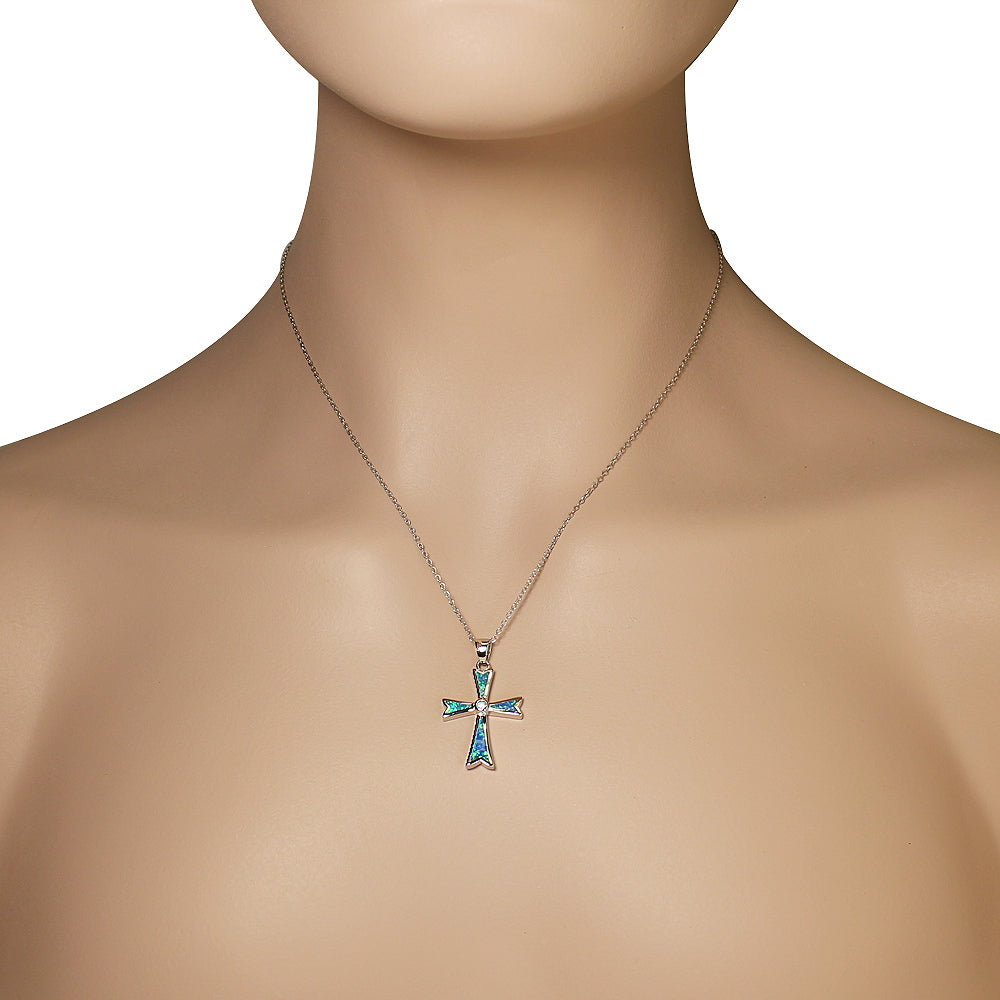925 Sterling Silver Religious Cross Blue Turquoise-Tone Simulated Opal CZ Pendant Necklace