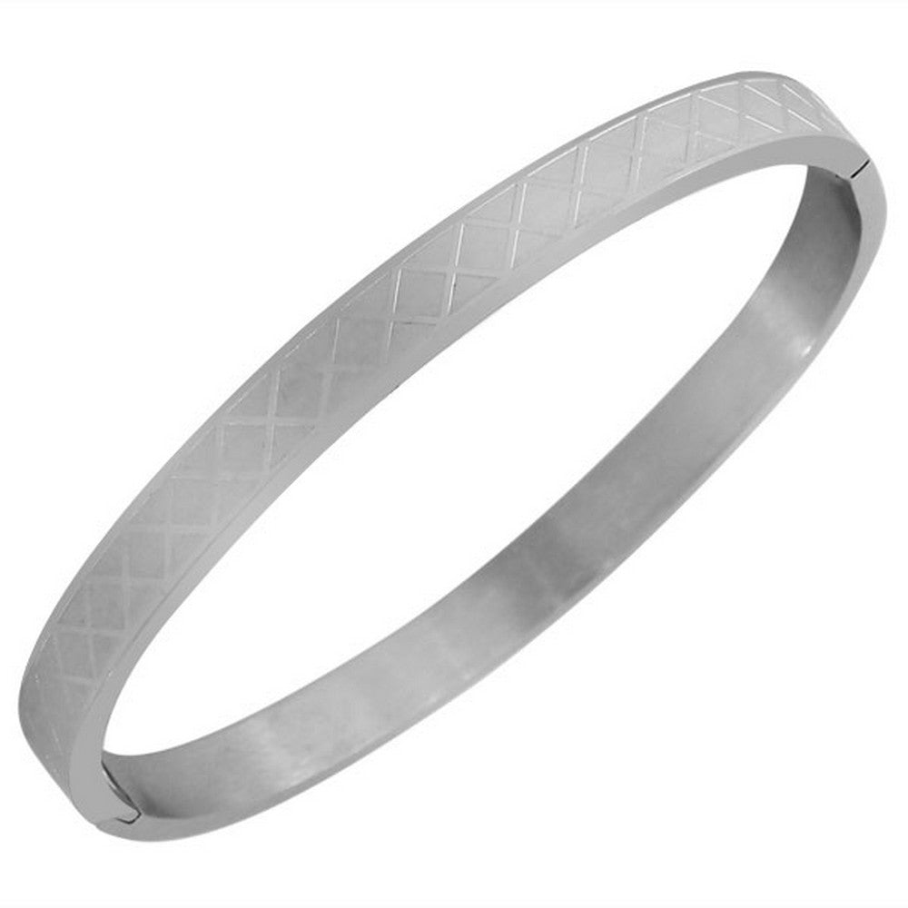 Stainless Steel Oval-Shape Silver-Tone Classic Matte Polished Bangle Bracelet
