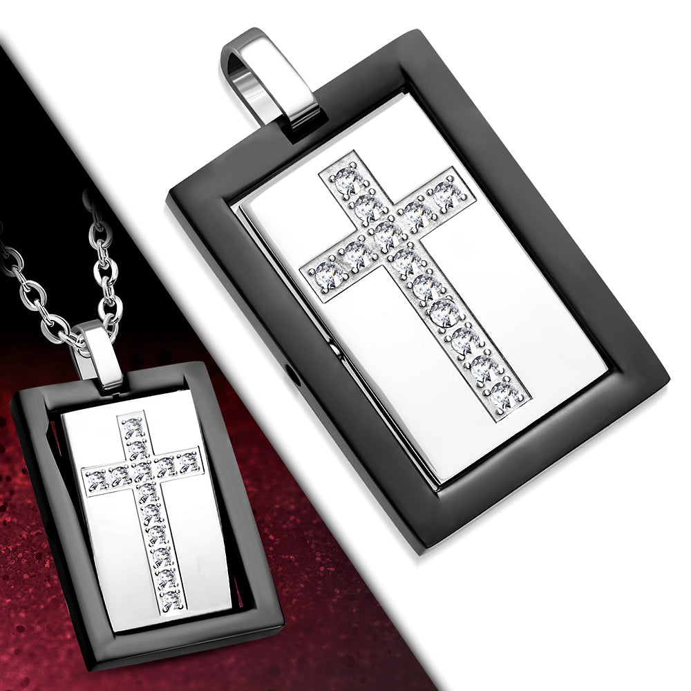 Stainless Steel CZ Religious Cross Men's Pendant Necklace