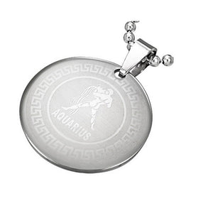 Stainless Steel Silver-Tone Greek Key Zodiac Sign Necklace Pendant - Aquarius