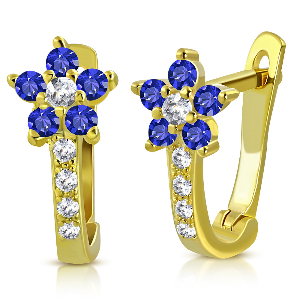925 Sterling Silver Yellow Gold-Tone Blue CZ Small Girls Hoop Huggie Flower Floral Earrings, 0.5"