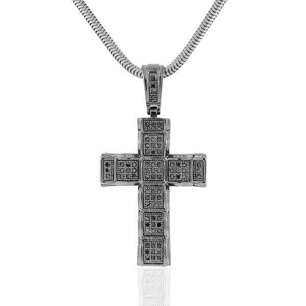 925 Sterling Silver Black Rhodium CZ Large Hip-Hop Statement Cross Pendant Necklace, 30"