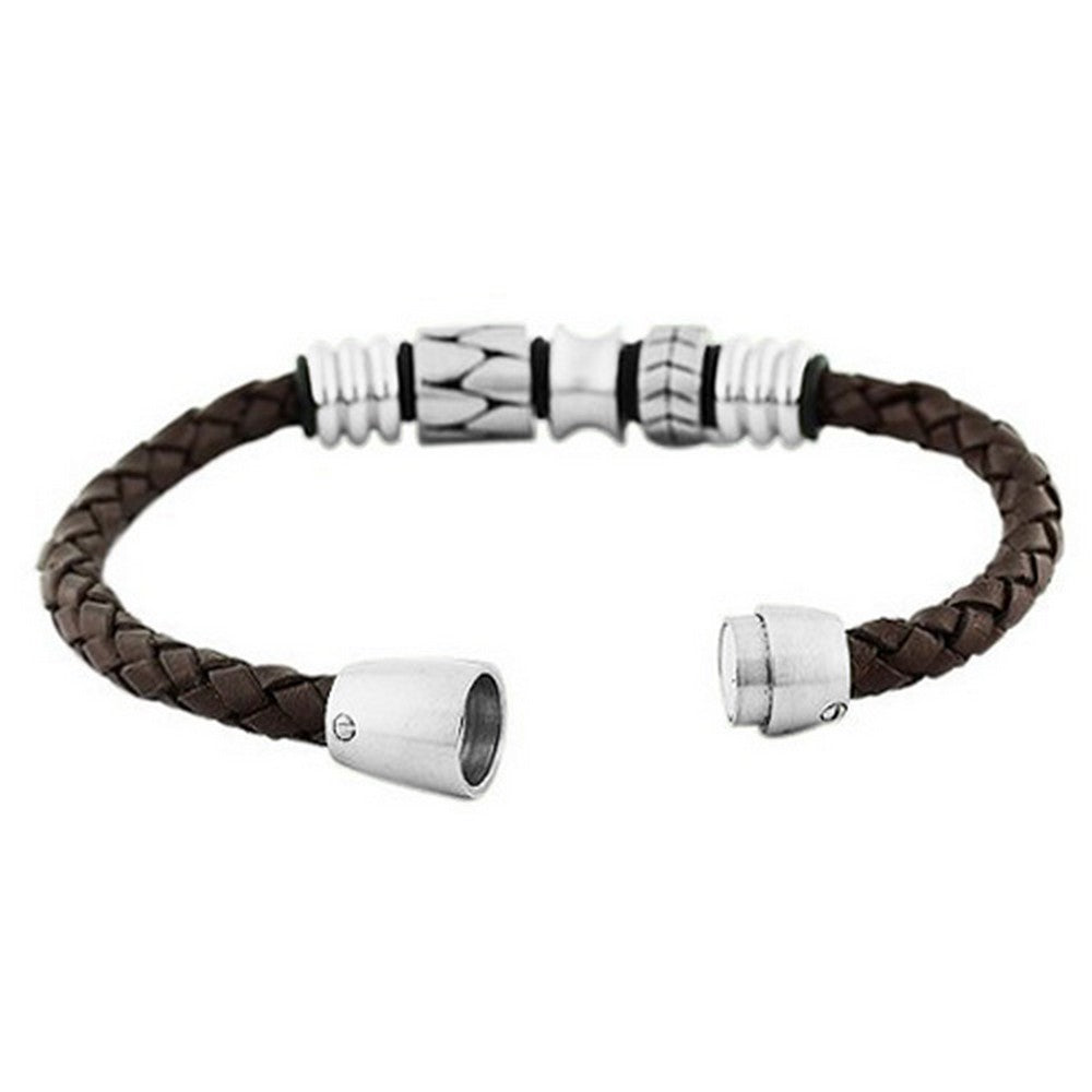 Stainless Steel Brown Leather Silver-Tone Braided Men's Bracelet