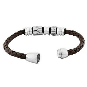 Stainless Steel Brown Leather Silver-Tone Braided Men's Bracelet
