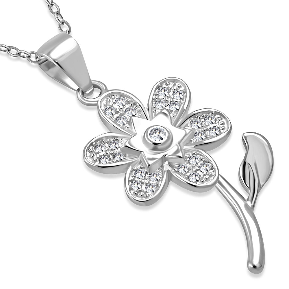 925 Sterling Silver CZ Flower Floral Pendant Necklace, 18"