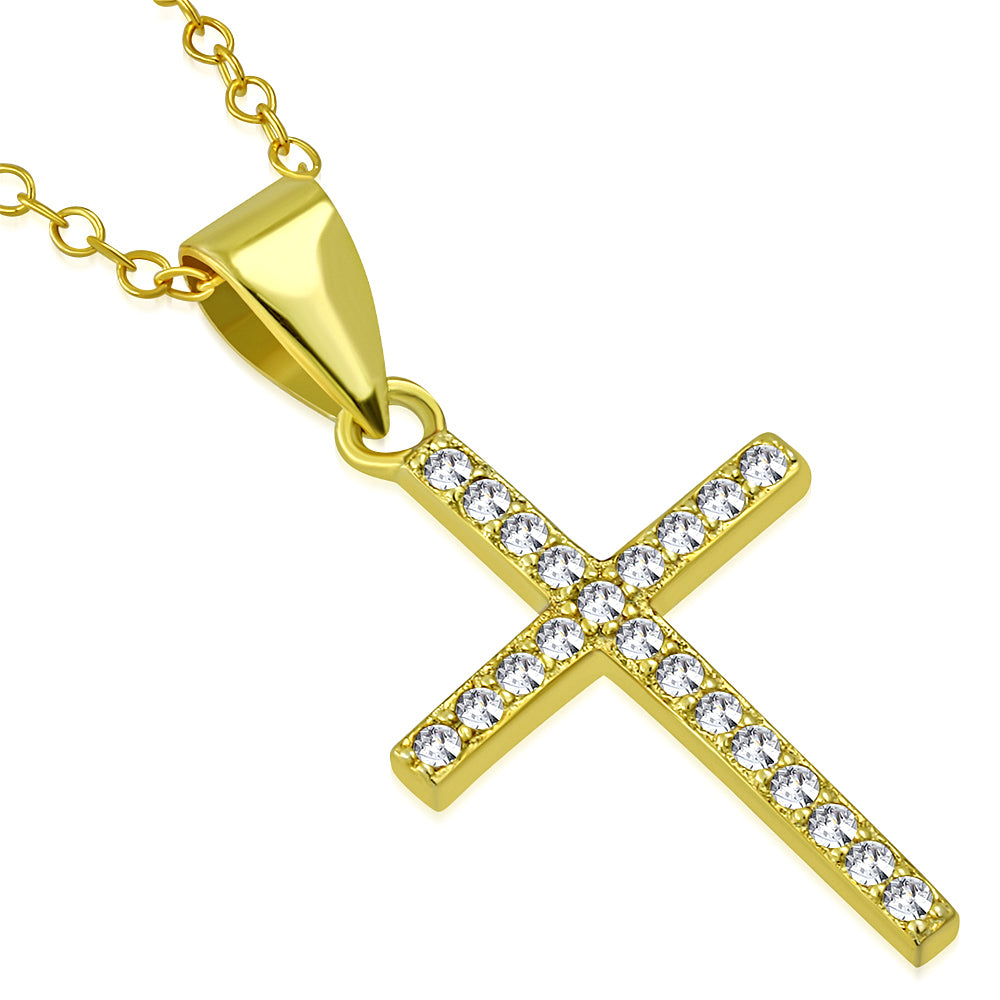 925 Sterling Silver Clear CZ Religious Cross Pendant Necklace, 18"