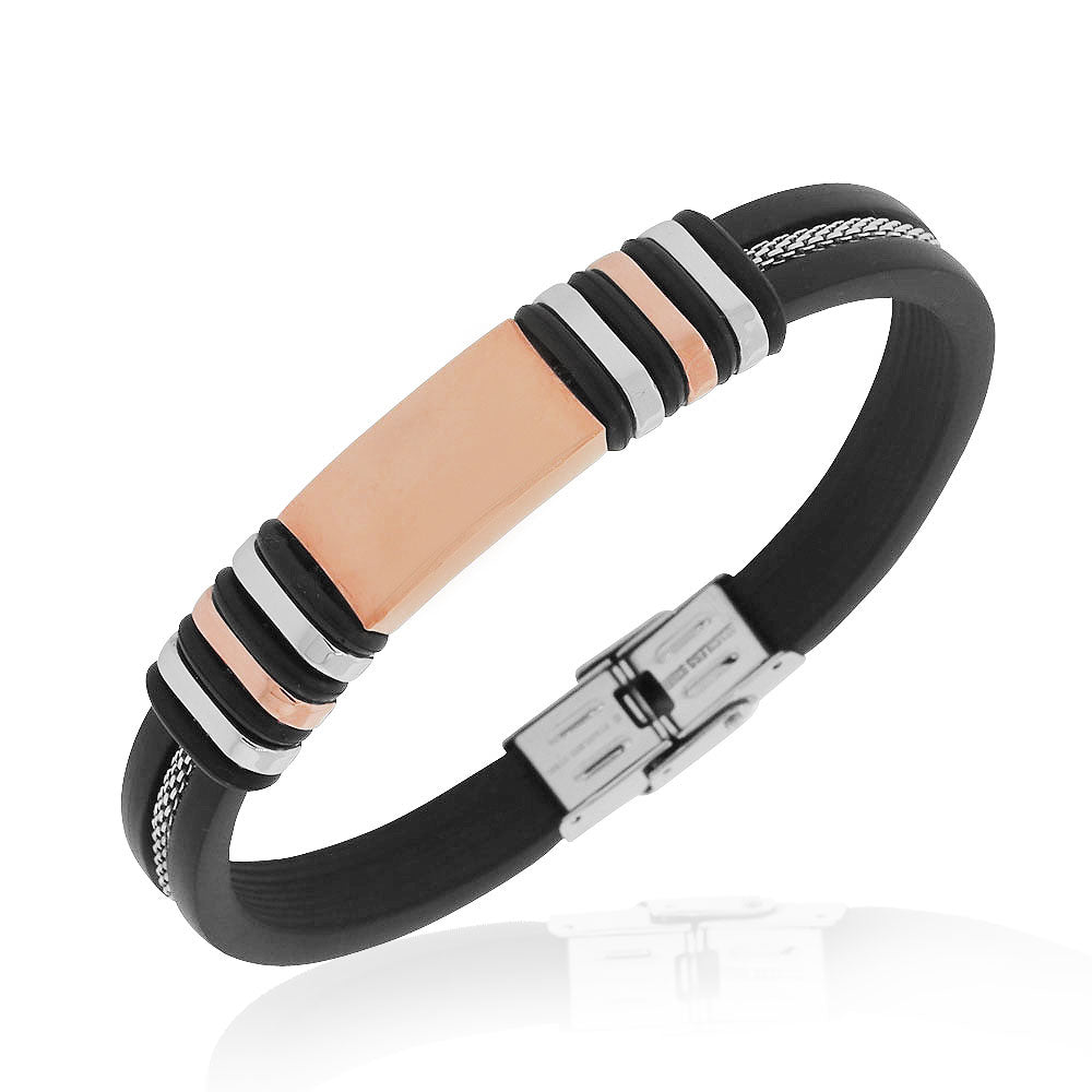 Stainless Steel Black Rubber Silicone Rose Gold-Tone Mens Bracelet