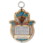 Wooden Hamsa Blessing for Home - Good Luck Jerusalem Wall Decor with Simulated Gemstones
