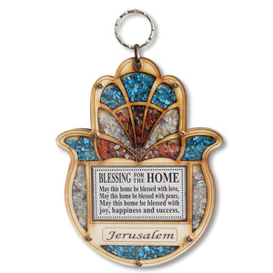 Wooden Hamsa Blessing for Home - Good Luck Jerusalem Wall Decor with Simulated Gemstones
