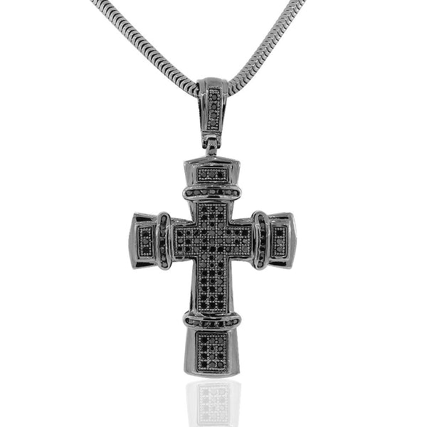 925 Sterling Silver Black Rhodium CZ Large Hip-Hop Statement Cross Pendant Necklace, 30"
