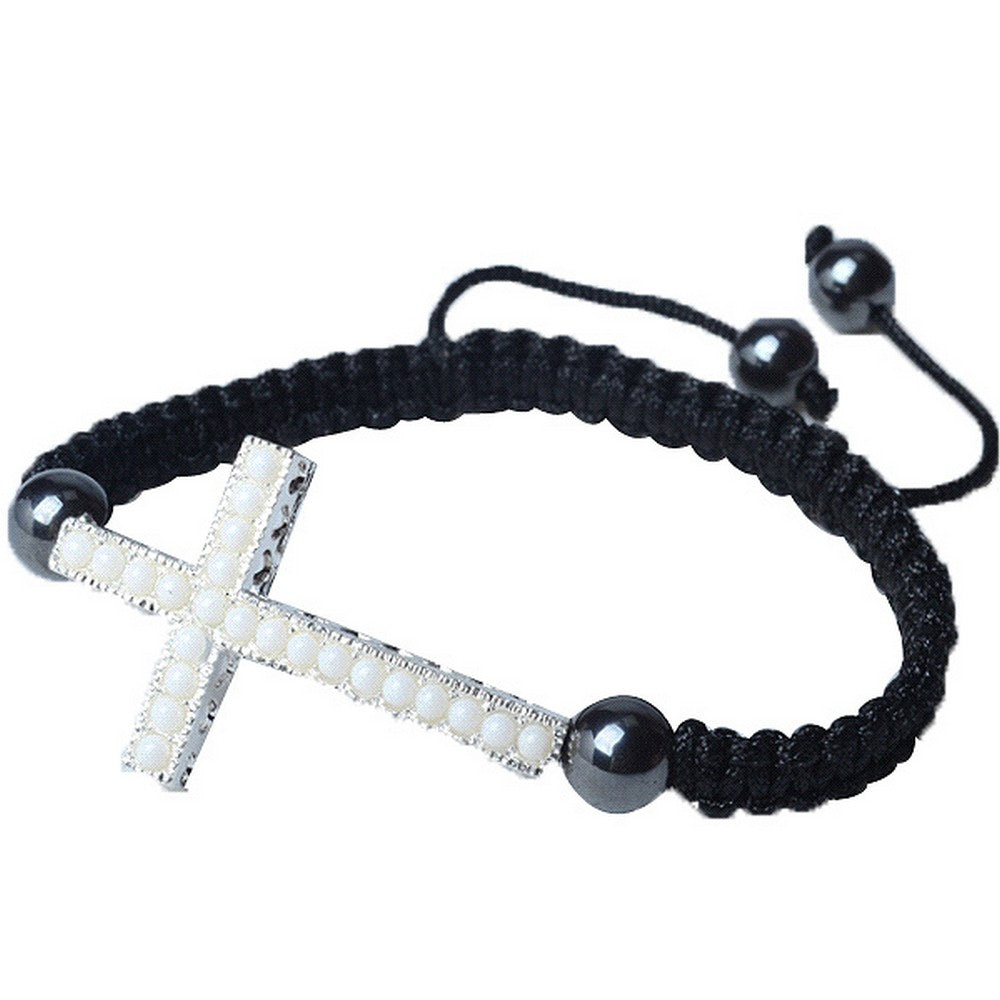 Cross White Beaded Adjustable Macrame Bracelet