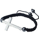 Silver-Tone Cross White Beaded Adjustable Macrame Bracelet