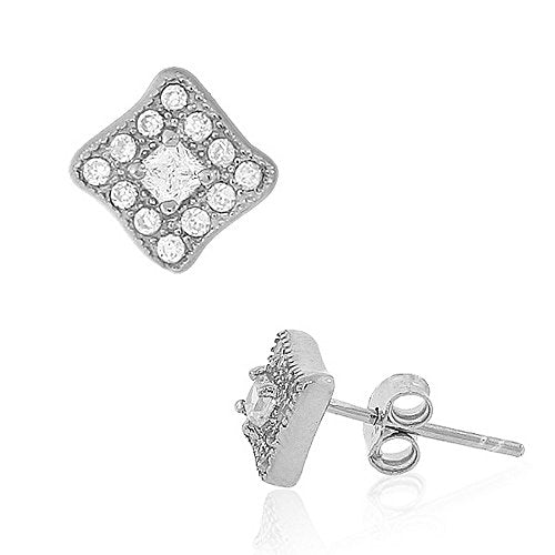 925 Sterling Silver White CZ Womens Square Diamond-Shaped Stud Earrings