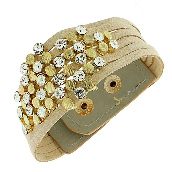 Faux Tan Beige Suede Leather Yellow Gold-Tone White CZ Wristband Wrap Bracelet