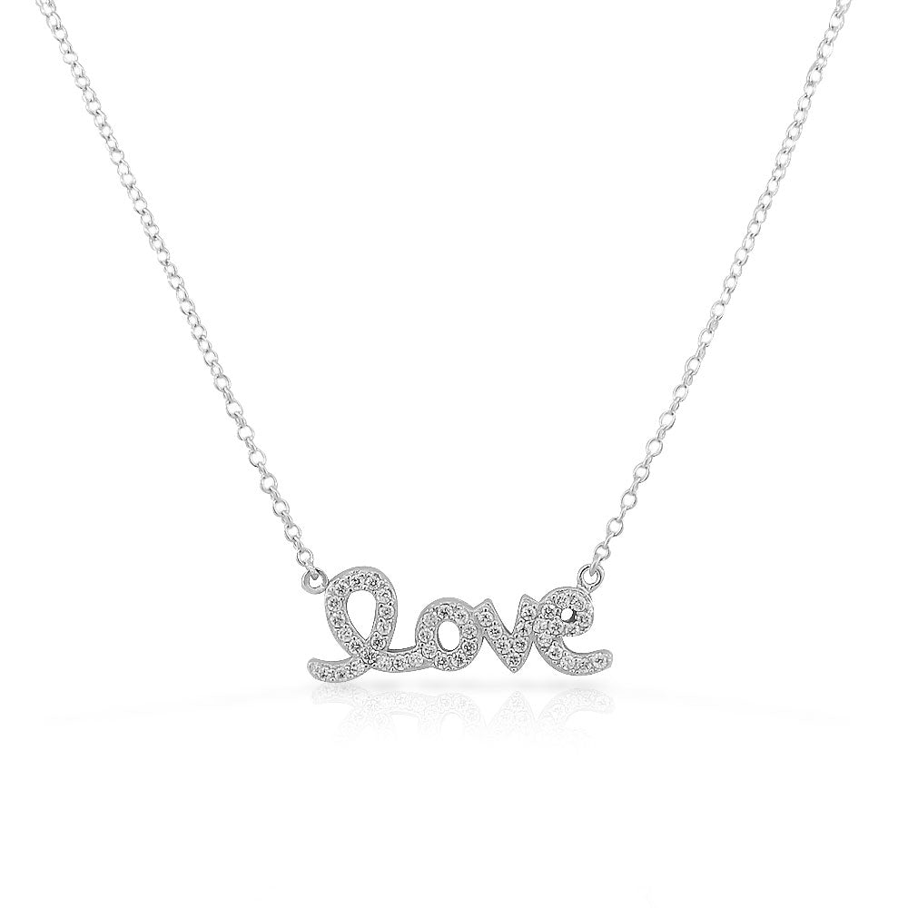 925 Sterling Silver Love Heart Charm White CZ Pendant Necklace, 18"