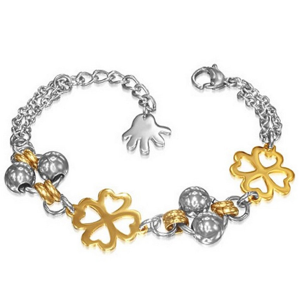 Stainless Steel Two-Tone Womens Links Chain Flowers Floral Clover Bracelet