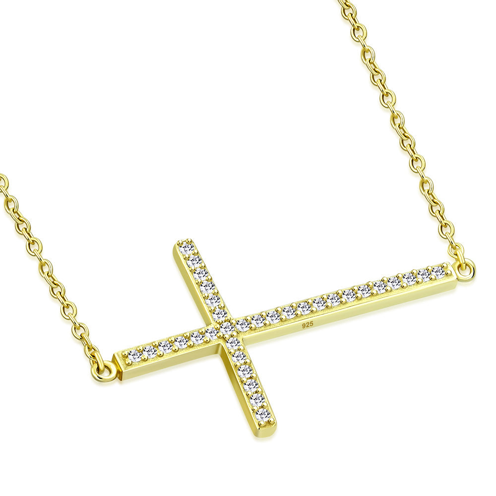 Gold Sideways Cross Necklace Sterling Silver Cubic Zirconia