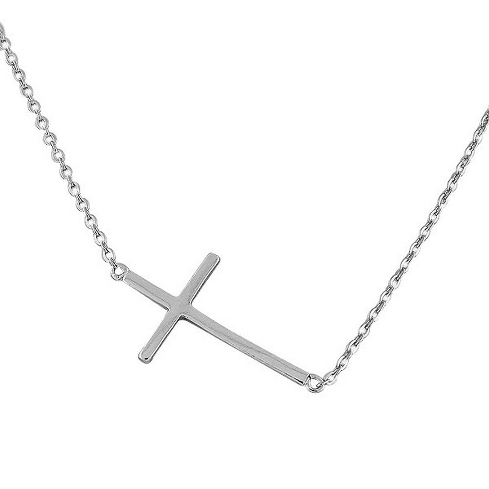 Stainless Steel Silver-Tone Sideways Cross Pendant Necklace