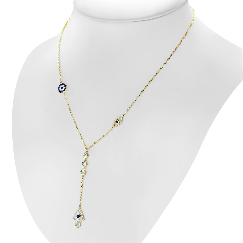 My Daily Styles 925 Sterling Silver CZ Y Necklace for Women with Hamsa, Evil Eye, and Bezel Set CZ Accents - Adjustable Chain 16"-18"