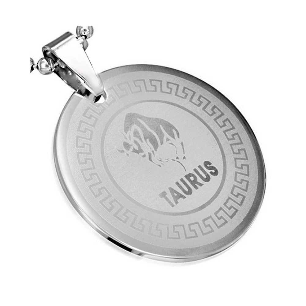 Stainless Steel Silver-Tone Greek Key Zodiac Sign Necklace Pendant - Taurus