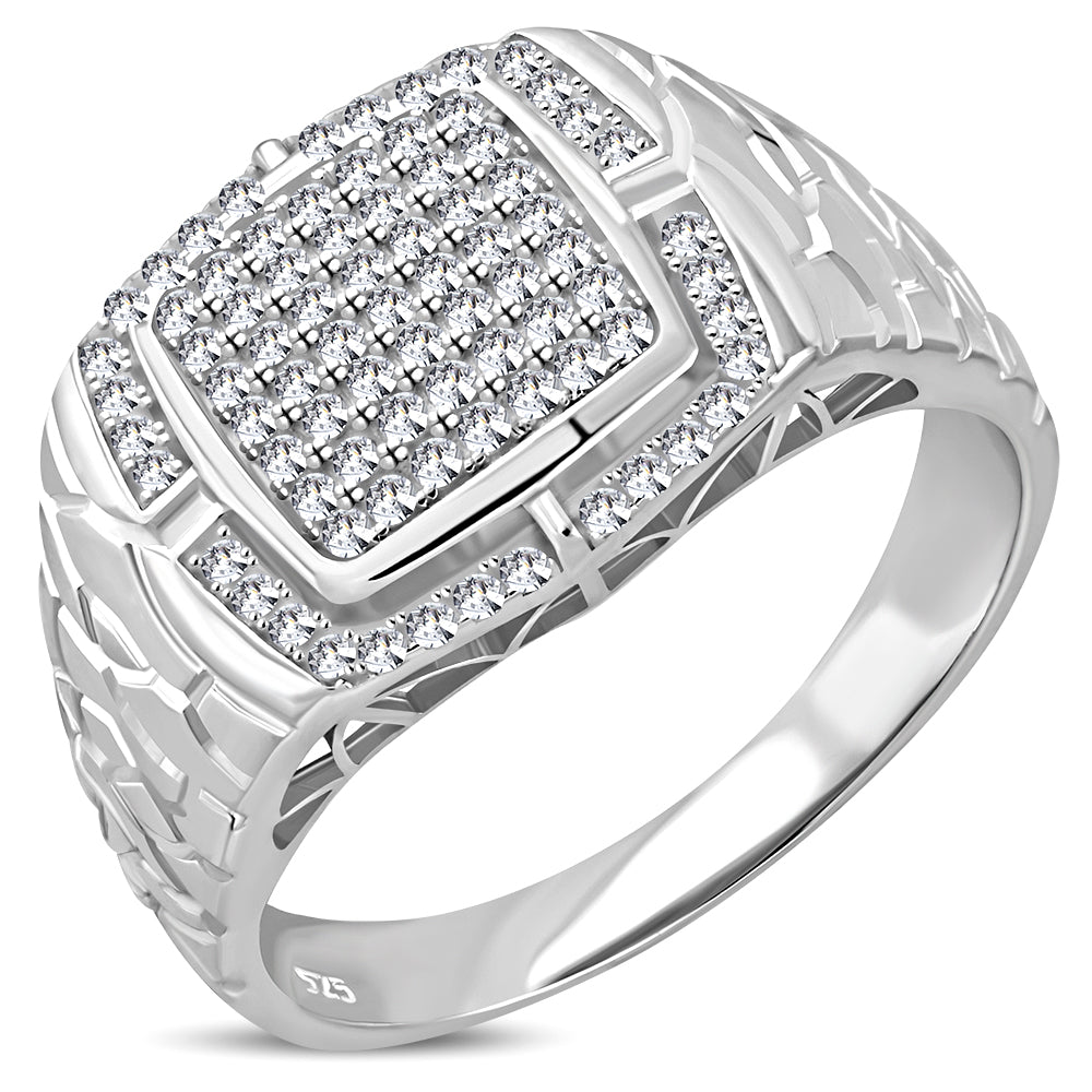 My Daily Styles 925 Sterling Silver Men's Silver-Tone Micro Pave White CZ Stone Square Signet Style Ring with Engraved Band
