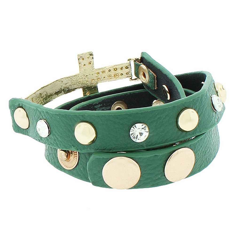 Green PU Leather Yellow Gold-Tone Religious Cross White CZ Multi-Row Wristband Adjustable Bracelet
