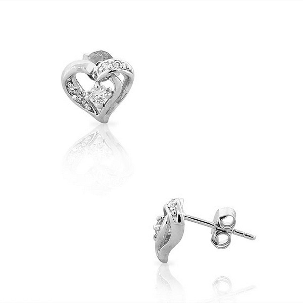 925 Sterling Silver White CZ Heart-Shaped Love Small Womens Girls Stud Earrings