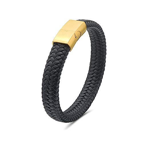 My Daily Styles Mens Black Genuine Leather Bracelet with Stainless Steel Magnetic Lock 8"