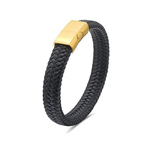 My Daily Styles Mens Black Genuine Leather Bracelet with Stainless Steel Magnetic Lock 8"