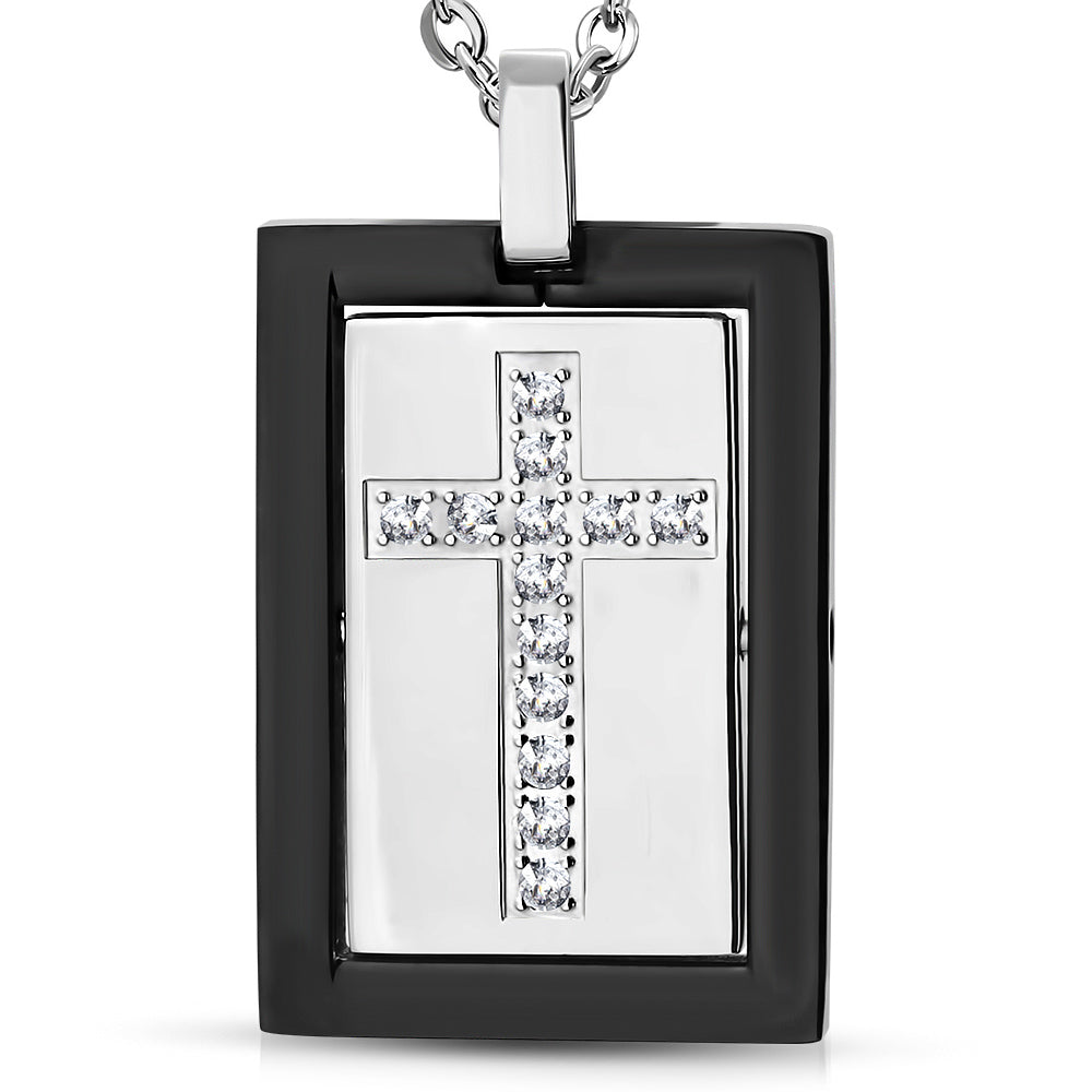 Stainless Steel CZ Religious Cross Men's Pendant Necklace