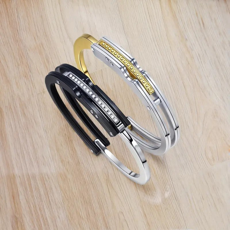 His and Hers Matching Stainless Steel Cuff Bracelets – Couples Love Bangle Set with CZ Stones