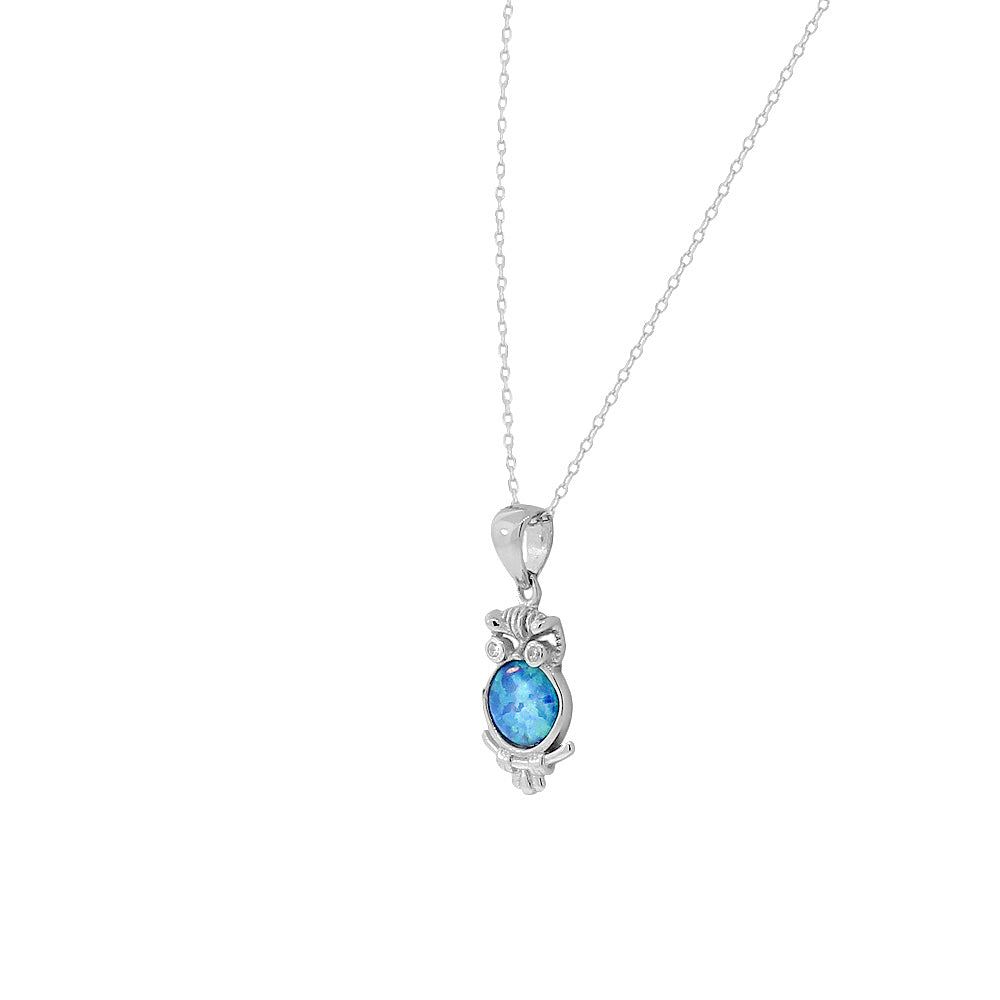 925 Sterling Silver Blue Turquoise-Tone Simulated Opal White CZ Owl Pendant Necklace