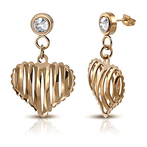Stainless Steel Yellow Gold-Tone White Clear CZ Love Heart Drop Dangle Earrings