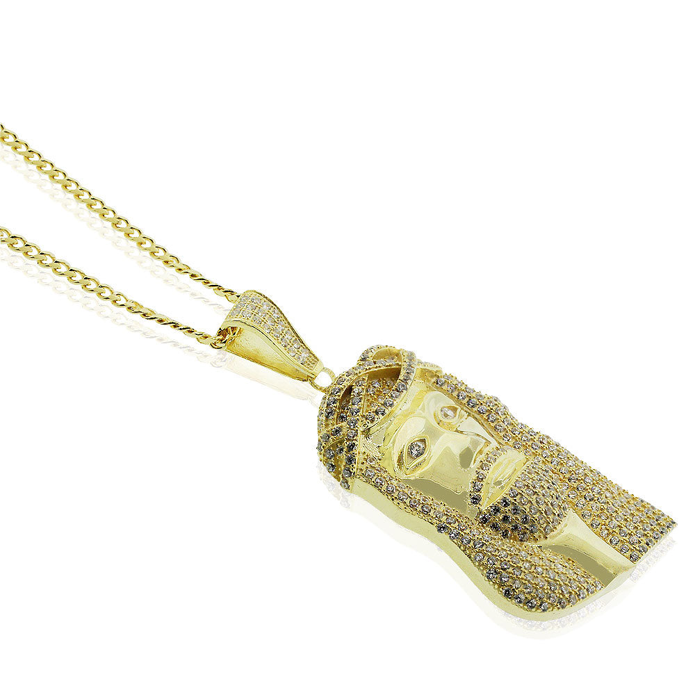 925 Sterling Silver Yellow Gold-Tone Large Hip-Hop Religious Jesus Mens Pendant Necklace