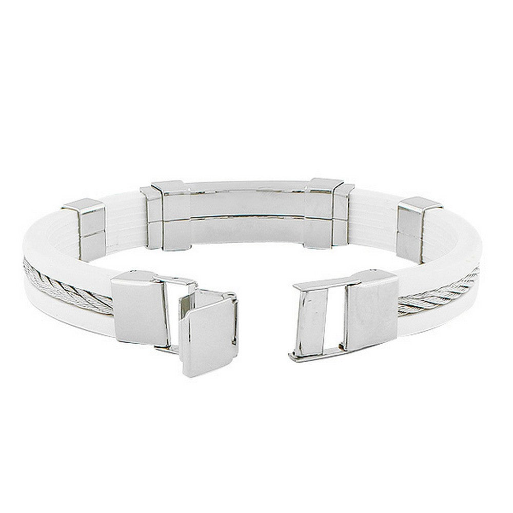 Stainless Steel White Rubber Silicone Silver-Tone Twisted Cable Rope Bracelet