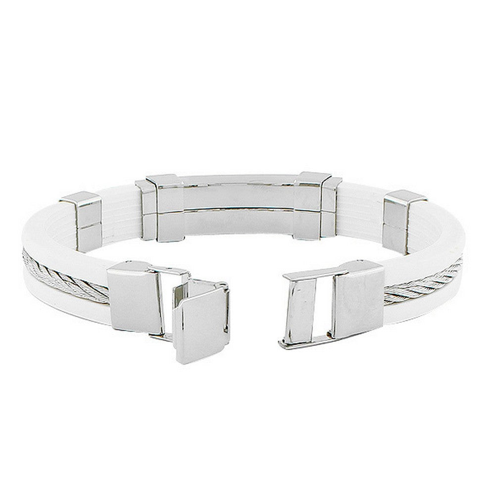 Stainless Steel White Rubber Silicone Silver Twisted Cable Rope Bracelet
