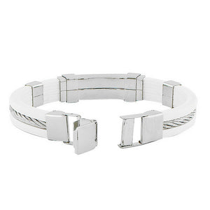 Stainless Steel White Rubber Silicone Silver-Tone Twisted Cable Rope Bracelet