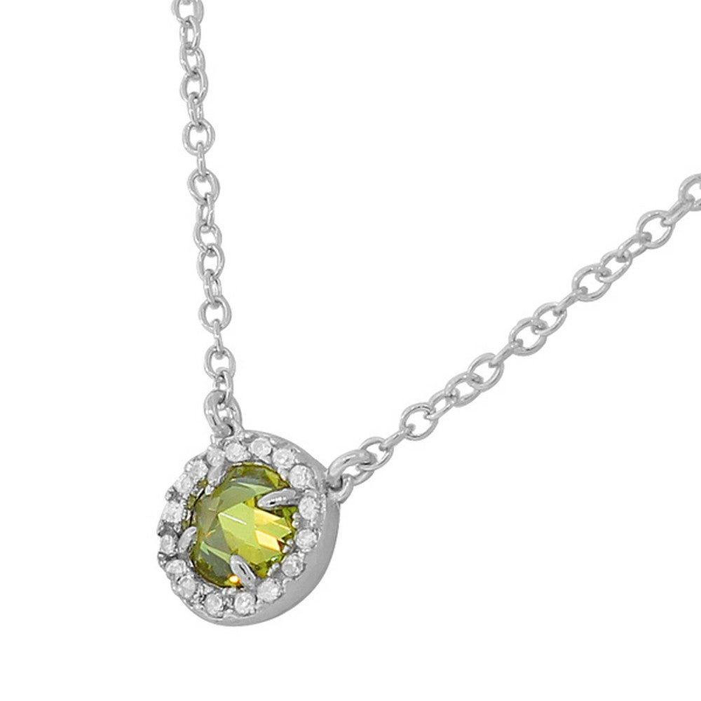 925 Sterling Silver Small Solitaire Green White CZ Pendant Necklace
