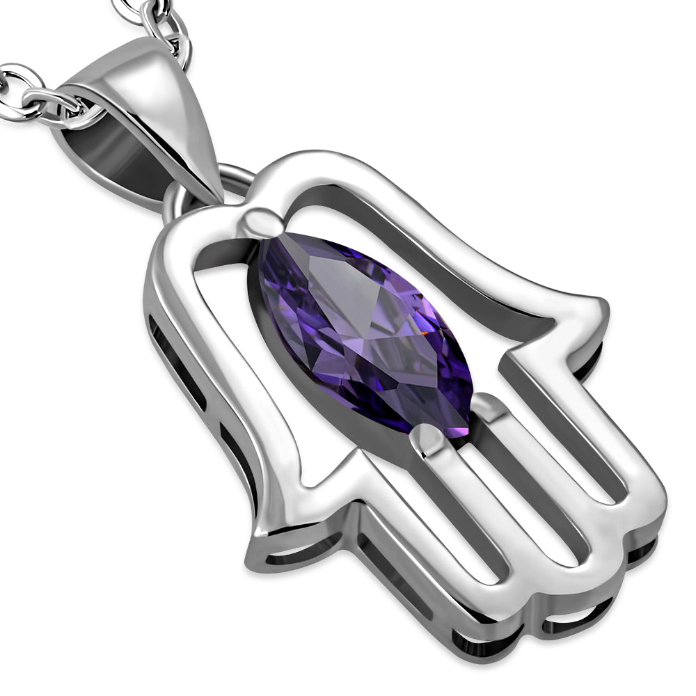 Pear Stone Hamsa Necklace Pendant Sterling Silver Cubic Zirconia