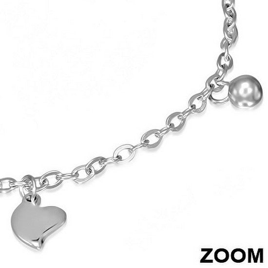 Stainless Steel Silver-Tone Love Heart Womens Adjustable Link Chain Bracelet