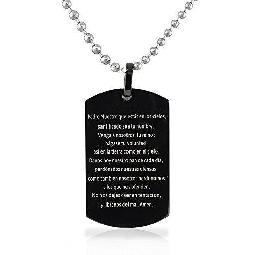 Stainless Steel Silver-Tone Cross Lord's Prayer in Spanish Pendant Necklace