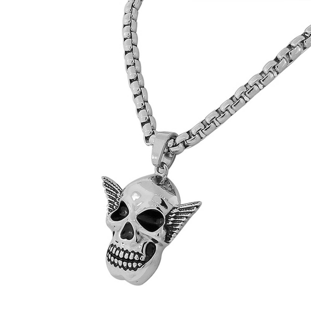 Stainless Steel Silver-Tone Large Mens Link Chain Scull Head Necklace Pendant