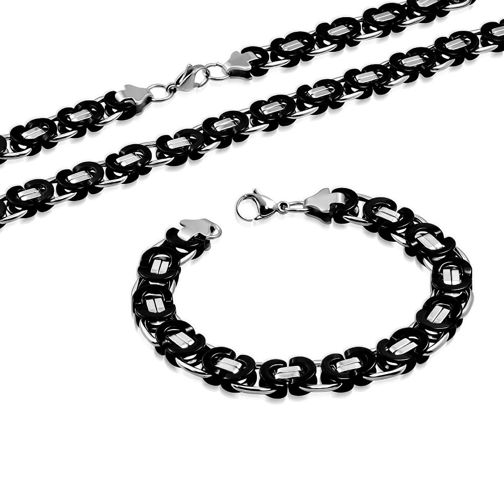 Stainless Steel Black Silver Necklace Bracelet Mens Jewelry Set