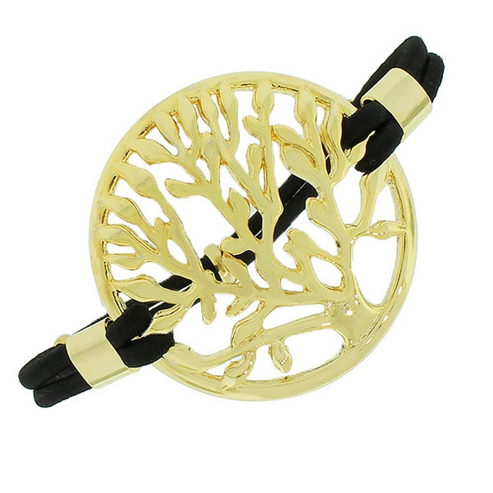 Fashion Alloy Yellow Gold-Tone Tree of Life Charm Black Stretch Bracelet