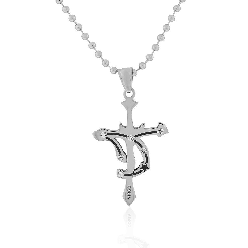 Stainless Steel Silver-Tone White CZ Zodiac Cross Pendant Necklace - Virgo