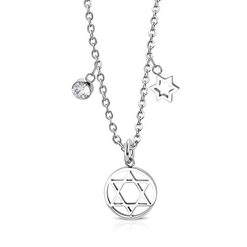 Stainless Steel Jewish Star of David White Clear CZ Pendant Necklace