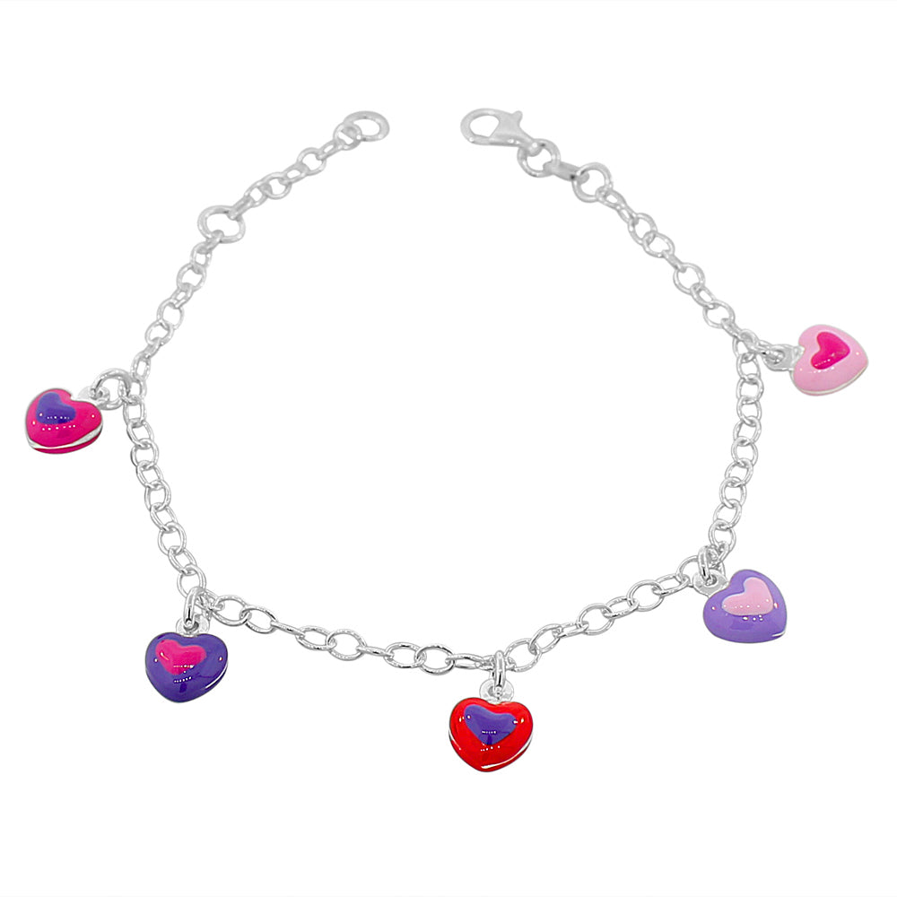 925 Sterling Silver Multicolor Enamel Love Heart Womens Girls Link Chain Bracelet
