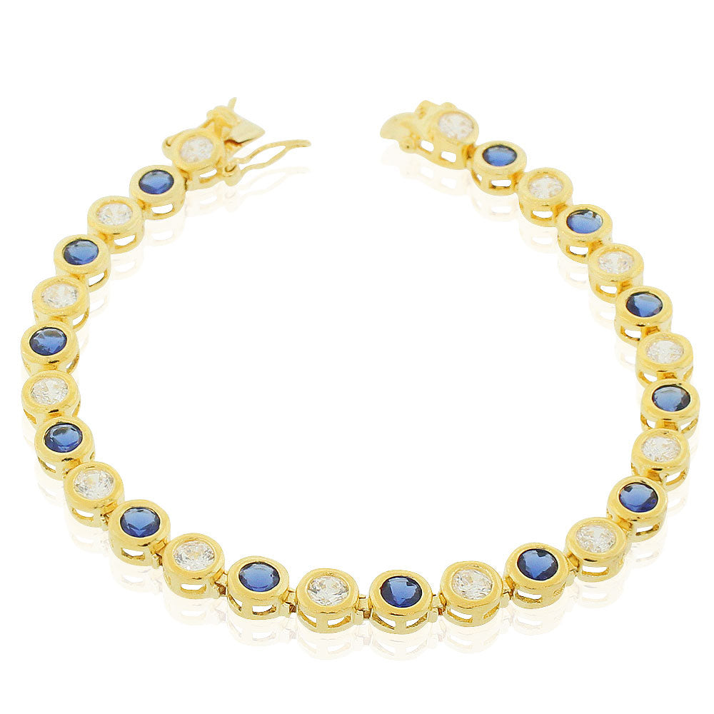 925 Sterling Silver Yellow Gold-Tone Bezel-Set Blue Sapphire-Tone Clear Round CZ Tennis Bracelet