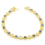 925 Sterling Silver Yellow Gold-Tone Bezel-Set Blue Sapphire-Tone Clear Round CZ Tennis Bracelet
